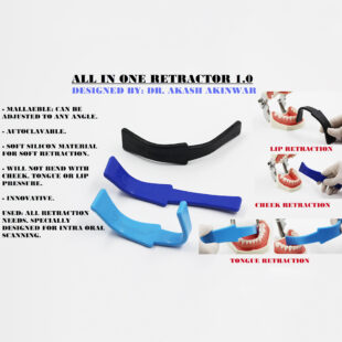 All in One Retractor 1.0 Jull-Dent 089 Adjustable All in One Retractor 1.0 (Autoclavable- Innovative-Malleable) Design by Dr Akash Akinwar Used for: 1) All Oral procedures. 2) Assist Scanning Process 3) Photography Cheek Retractor. All retraction needs, specially designed for easier intra oral scanning. Properties: - Adjust as per your liking.. - No sharp rigid edges. - Soft material makes retraction Atraumatic for the patients. - No need for any other retractors. - Retract anything and everything (Cheek, Lip and Tongue). - Bends easily to more than 120°. - Malleable : It can be adjusted to any angle - The strength of the material withstands pressure from Cheek, Lip or Tongue and does not deforms the retractor. Making them ideal mate during surgical procedures. - Autoclavable Made of soft silicon material for soft retraction. Composition: Made up of Medical Grade Silicon Infused with Composite Hybrid Metal inside. 100% Autoclavable.