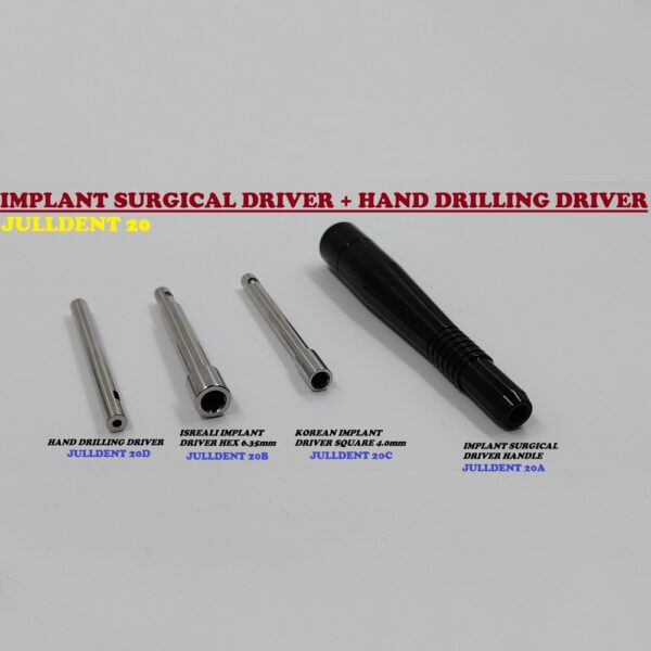 Implant Surgical Driver + Hand Drilling Driver Jull-Dent 020 Implant Surgical Drivers Manual implant placement – allows for tactile feel and good control of implant insertion direction, especially suitable in anterior region The intended use is to insert Xive Screw Implants with ratchet instruments in the maxillary and mandibular anterior region only. Troublefree placement even in very hard bone, compatible with all other contra-angle handpieces. Julldent020- Implant Surgical Driver Rotating Handle: It fits all the below Implant Surgical Drivers Head and Hand Drilling Drivers. We have re-engineered the design to driver the head with rotation of fingers inside of the whole palm to insert in. Material: Aluminium Premium Grade. A) Jull-Dent 020A- Hexagonal 6.35mm Head Long hand wrench adapter Ø6.35mm for adjusting ratchet hex drivers for implants and abutments. Can be used on the most popular sizes of hex drivers. Implant Surgical Driver Head is Compatible with: All Isreali System Implant Companies: Bioline, Noris, Adin, Alpha Bio, Zimmer, MIS, Implant Direct, AB Dental, MIS, Cortex, Alphadent. (Implant Surgical Driver Handle is Required along this) Features: High quality Stainless Steel, for high corrosion resistance and long life usage. Universal size that can be used for the most popular brands. The handle has a good grip and it is made of Aluminium, a very hard material that can last for a long time. ----- B) Jull-Dent 020B- Square 4.0mm Head Long hand wrench adapter Ø4.0mm for adjusting ratchet hex drivers for implants and abutments. Can be used on the most popular sizes of hex drivers. Implant Surgical Driver Head is Compatible with: All Korean System Implant Companies, Bio Horizon, Dentium, Osstem, CSM Implants, Syna Impalnts, Biocon. (Implant Surgical Driver Handle is Required along this) Features: High quality Stainless Steel, for high corrosion resistance and long life usage. Universal size that can be used for the most popular brands. ---- C) Jull-Dent 020C-Hand Drilling Driver Head Insert Accepts All Latch Type Drills And Instruments. Compatible With All Implant Systems. Provides Excellent Tactile Feel. Can Be Used With Implant Drills In Type 2 Or 3 Bone. Solid Connection Between Parts Prevents Movement. Use With Any Implant Pilot Latch Type Drill. Majorly used in Maxilla where bone is soft. Material: Premium Quality Stainless Steel Features: High quality Stainless Steel, for high corrosion resistance and long life usage. Universal size that can be used for the most popular brands.