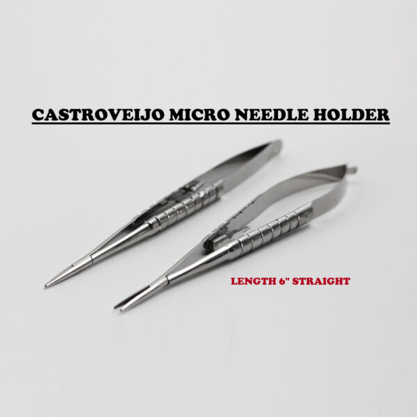 Castroveijo Needle Holder Micro Fine Jull-Dent 073 Micro needle holders are microsurgery instruments manufactured for holding the smallest gauge needles, in order to provide efficient handling and grip for the surgeon. Micro needle holders feature a round spring handle provided with a lock mechanism depending on the pattern, and two jaws which vary in angle according to the surgical requirements. Material: Premium Quality Stainless Steel. Needle Size: 5.0, 6.0 Sizes: Jull-Dent 073A: Castroveijo Needle Holder 6" Straight Jull-Dent 073B: Castroveijo Needle Holder 6" Curved