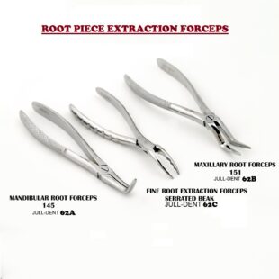 Root Extraction Forceps Jull-Dent 062 These are extremely useful tool in every Extraction Procedures. They have Fine and Serrated beak to go into the socket and remove the Root Piece Quick and Easily. This instrument is very versatile, it is used for removing fragmented tooth, which can be difficult to extract. The size of the tip makes it an excellent placement and retrieval instrument for standard and micro procedures. The fine serration and cylindrical grasp are the main reasons for the success of this procedure. Application: All regions (Maxilla, Mandible) Material: Premium Quality Stainless Steel. Jull-Dent 062A Root Extraction Forceps 145 Mandible Jull-Dent 062B Root Extraction Forceps 151 Maxilla Jull-Dent 062C- Fine Root Extraction Forceps Serrated Beak