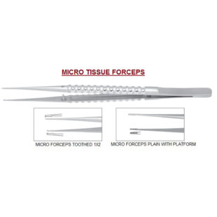 Micro Tissue Forceps Jull-Dent 074 Atraumatic Micro Tissue Forceps. The flat tweezer is intended to held a flap passively for suturing. If there is any tension on the flap the tissue will slip away. There for the risk of damaging the structure of the soft tissue and impairment of vascularization is minimized. Surgical Micro Forceps are equipped with interlocking 1x2. The advantage of this is that soft tissue can be gripped without pressing the forceps firmly together and greater tensile force can be applied. This prevents the tissue from being damaged. The disadvantage is that easily injured structures such as blood vessels and nerves can be destroyed by the sharp teeth. Anatomical forceps are more suitable when gripping structures of this kind. Tissue Forceps, Tip size of 1.0mm, designed specifically to grasp soft tissues without any damage. The jaw teeth are designed to securely grasp and maintain a firm grip on the tissues without cutting them; which may cause internal bleeding later. This is why they are also called atraumatic forceps. Length 15 cm, straight, smoothed. Available size: 1.0 mm Jull-Dent 074A: Atraumatic Micro Tissue Forceps 6" Straight Serrated with Platform. Jull-Dent 074B: Atraumatic Micro Tissue Forceps 6" Straight Toothed 1x2. Jull-Dent 074C: Atraumatic Micro Tissue Forceps 6" Curved Toothed 1x2.