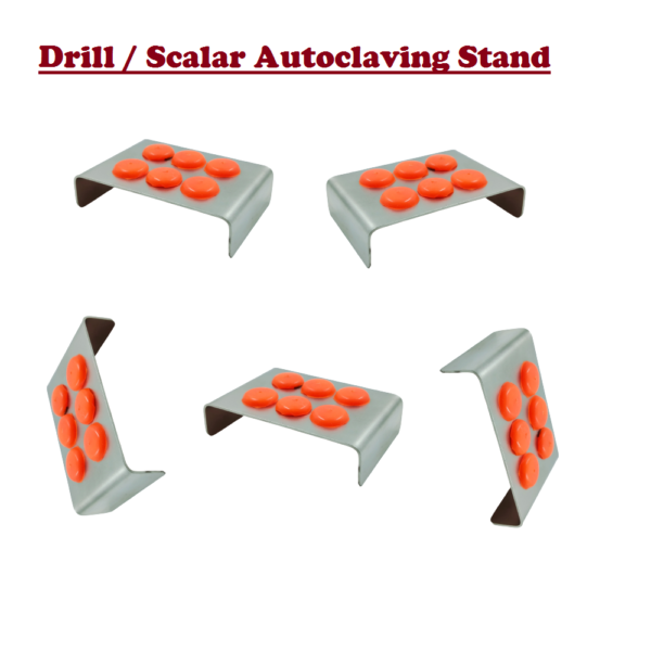 Drill/Scaler Autoclaving Stand Jull-Dent 048 1) 6 Slots given to use for your implant tools. 2) It fits Drills, Burs, Endo Files, Scalers. 3) Handy Stand. 4) Good design. 5) Sterilize; autoclavable. Material: Stainless Steel 304 Grade,