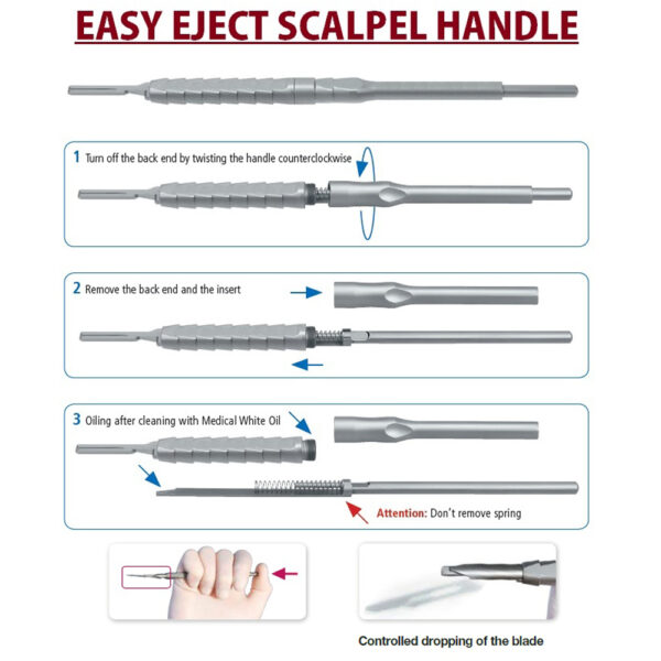 Easy Eject Scalpel Handle Jull-Dent 096 Now no need to struggle with removal of blade. Just press and shot the blade out from the blade without risk of injury. FOR SAFETY IS NOT A GADGET BUT A STATE OF MIND. GIFT URSELF SAFETY FROM BLADE CUTS. Scalpel handle is used for cutting gingival tissue and making surgical incisions. Blood-borne diseases that could be transmitted, Scalpel cuts carry the associated risk of acquiring various kinds of viral and bacterial infections, Avoid all these by using Scalpel Handle with Auto Blade remover function. Blades fitting: 10-15 All Blades will fit smoothly. Material: Non Magnetic Stainless Steel 316 Grade (Non Rusting)